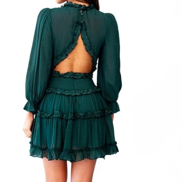 Forest Green Deep V Neck Ruffle Long Sleeve Open Back Flowy Mini Dress - Picture 6 of 7